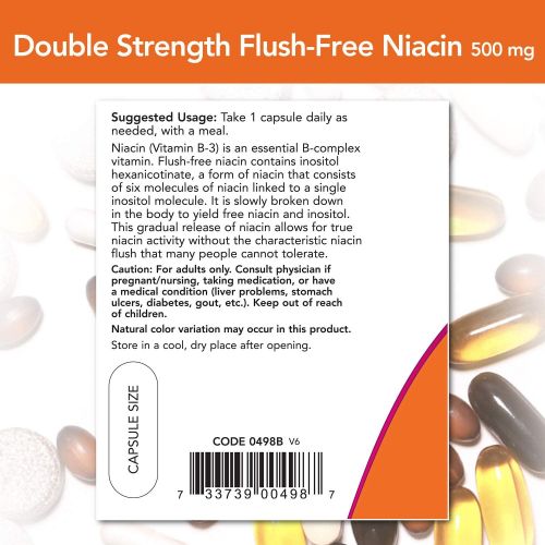 NOW Supplements, Niacin (Vitamin B-3) 500 mg, Flush-Free, Double Strength, Nutritional Health, 90 Veg Capsules