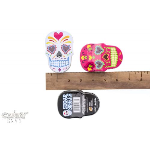  Candy Envy Sugar Skulls Candy Filled Tins - Dia De Los Muertos Hard Candy - Include How to Build a Candy Buffet Guide (18 Pack Display)