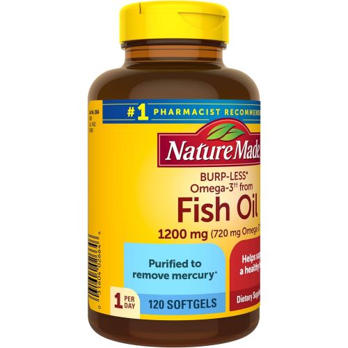  Nature Made Burp Less Omega 3 Fish Oil 1200 mg, Fish Oil Supplements as Ethyl Esters, Omega 3 Fish Oil for Healthy Heart, Brain and Eyes Support, One Per Day, Omega 3 Supplement wi