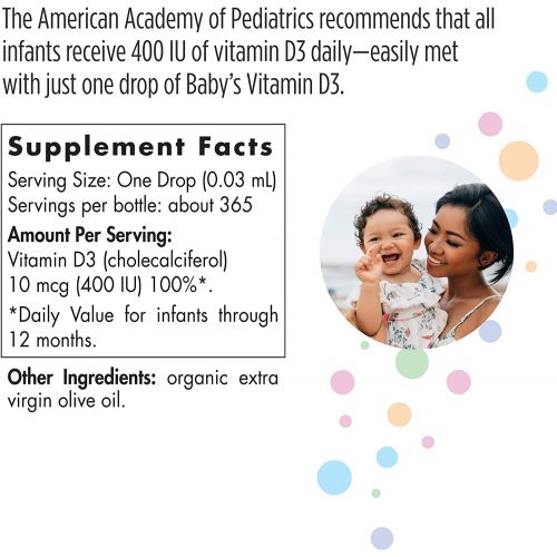  Nordic Naturals Baby’s Vitamin D3, Unflavored - 0.37 oz - 400 IU Vitamin D3 - Healthy Bones, Immune System Support, Normal Sleep Rhythms - Non-GMO, Certified Vegetarian - 365 Servi