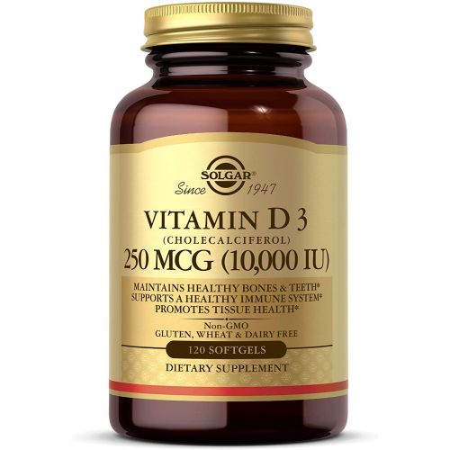  Solgar Vitamin D3 (Cholecalciferol) 250 MCG (10,000 IU), 120 Softgels - Helps Maintain Healthy Bones & Teeth - Immune System Support - Non GMO, Gluten/ Dairy Free - 120 Servings