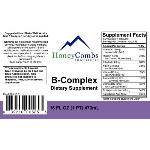  HoneyCombs Vitamin B Complex Drops  Liquid Supplement with Vitamin B1, B2, B3, B5, B6, B7, B9, B12 & Vitamin C  Liquid Super B Complex Vitamins  Alcohol-Free Liquid Vitamin Supp