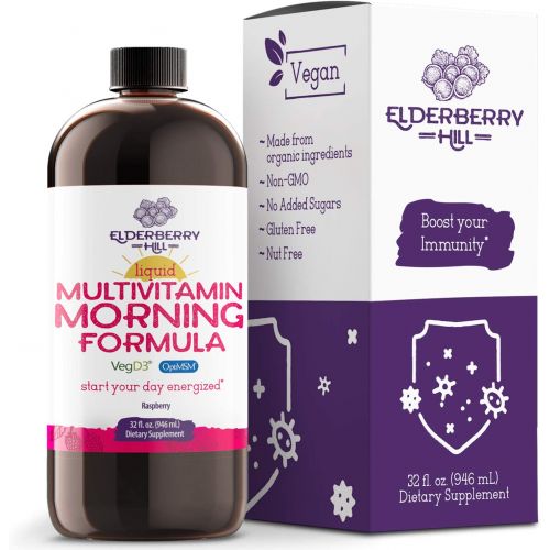  ELDERBERRY HILL ORGANICS Liquid Morning Multivitamin for Immune Support - Energy, Hair, Skin, Nails - Vegan Non-GMO MSM, Amino Acids and Trace Minerals Vitamin A B C D3 E - Raspberry Flavor 32oz