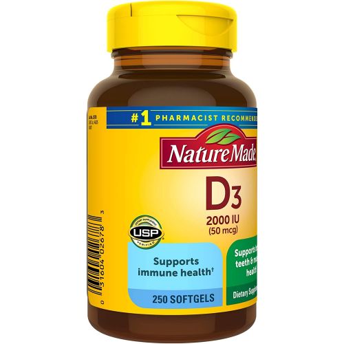  Nature Made Vitamin D3 2000 IU (50 mcg), Dietary Supplement for Bone, Teeth, Muscle and Immune Health Support, 250 Softgels, 250 Day Supply