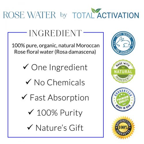  Total Activation Natural Rose Water 100% Pure Morrocan Rose Facial Toner Rich in AntiOxidants, Soothing For Sensitive, Oily, Normal and Dry Skin, Face Skin Body Hair Spray Mist, Reduce Fine Lines a