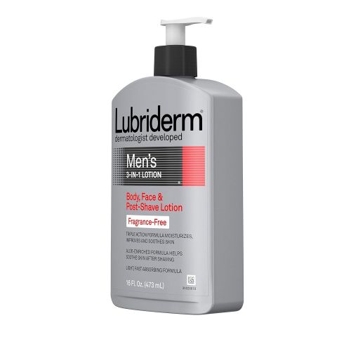  Lubriderm Mens 3-In-1 Unscented Lotion Enriched with Soothing Aloe for Body and Face, Non-Greasy Post Shave Moisturizer, Fragrance-Free, 16 fl. oz