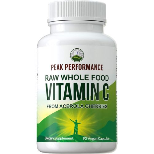  Peak Performance Raw Whole Food Natural Vitamin C Capsules from Acerola Cherry for Max Absorption. Vegan USA Sourced Vitamin C Supplement 90 Pills. 500 mg Serving or 2 Servings 100