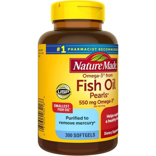  Nature Made Omega 3 Fish Oil Pearls 550 mg per serving, Small Size Fish Oil Supplements as Ethyl Esters, Omega 3 Supplement for Healthy Heart Support, 300 Softgels, 100 Day Supply
