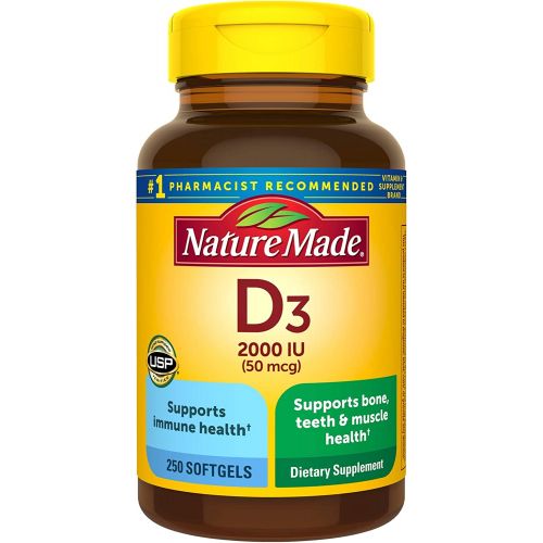  Nature Made Vitamin D3 2000 IU (50 mcg), Dietary Supplement for Bone, Teeth, Muscle and Immune Health Support, 250 Softgels, 250 Day Supply