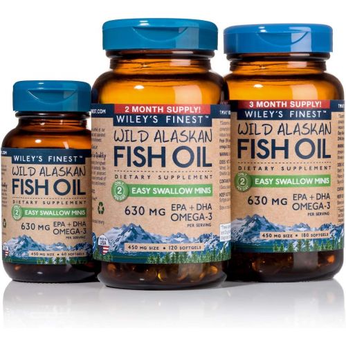  Wileys Finest Wild Alaskan Fish Oil Easy Swallow Minis - Omega-3 Fish Oil Supplement for Adults and Kids - Double-Strength 630mg EPA and DHA Natural Supplement - 180 Mini Softgels