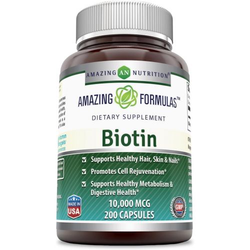  Amazing Nutrition Amazing Formulas Biotin Supplement 10000 mcg (Non-GMO, Gluten Free) - Supports Healthy Hair, Skin & Nails - Promotes Cell Rejuvenation (Veggie Capsules, 200 Count)