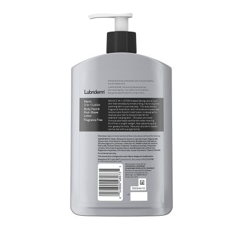  Lubriderm Mens 3-In-1 Unscented Lotion Enriched with Soothing Aloe for Body and Face, Non-Greasy Post Shave Moisturizer, Fragrance-Free, 16 fl. oz