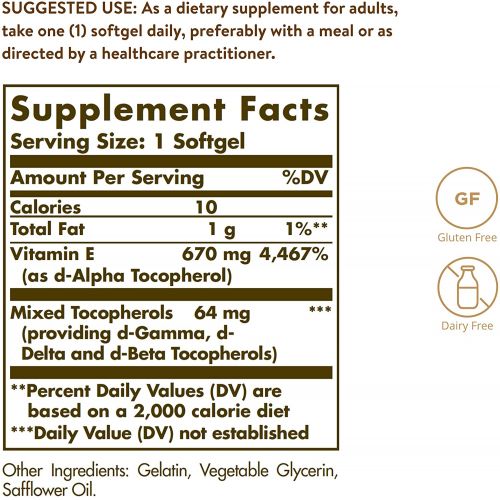  Solgar - Vitamin E 1000 IU (d-Alpha Tocopherols & Mixed Tocopherols) 100 Mixed Softgels- 2 Pack