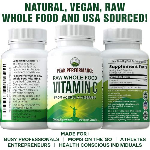 Peak Performance Raw Whole Food Natural Vitamin C Capsules from Acerola Cherry for Max Absorption. Vegan USA Sourced Vitamin C Supplement 90 Pills. 500 mg Serving or 2 Servings 100
