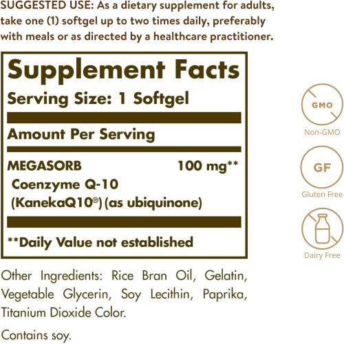  Solgar Megasorb CoQ-10 200 mg, 60 Softgels - Supports Heart & Brain Function - Coenzyme Q10 Supplement - Enhanced Absorption - Gluten Free, Dairy Free - 60 Servings