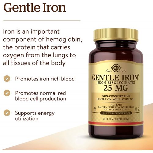  Solgar - Gentle Iron 25 mg Vegetable Capsules 180 Count 2 Pack Easy on Stomach, Promote Red Blood Cell Production.