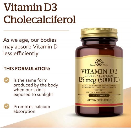  Solgar Vitamin D3 (Cholecalciferol) 125 mcg (5,000 IU) Vegetable Capsules - 120 Count