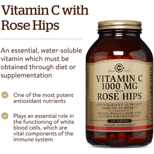  Solgar Vitamin C 1000 mg with Rose Hips, 250 Tablets - Antioxidant & Immune Support - Overall Health - Supports Healthy Skin & Joints - Non GMO, Vegan, Gluten Free, Dairy Free, Kos