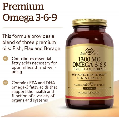  Solgar 1300 mg Omega 3-6-9, 120 Softgels - Fish Oil Supplement - Support for Heart, Joint & Skin Health - Includes Flaxseed & Borage - Contains EPA & DHA - Omega 3 Fatty Acids - 40