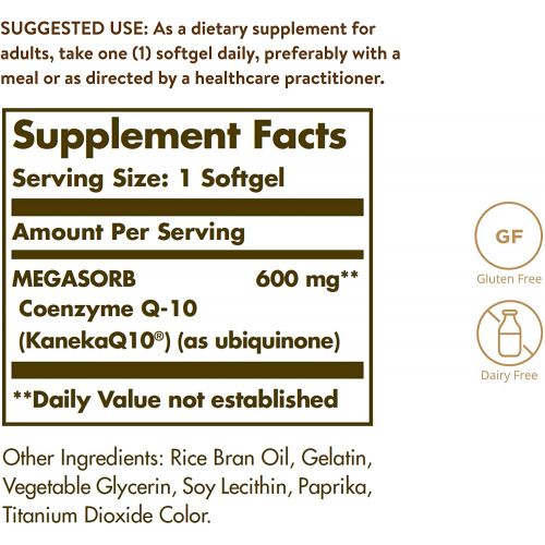  Solgar Megasorb CoQ-10 600 mg, 30 Softgels - Promotes Heart & Nervous System Health - Coenzyme Q10 Supplement - Enhanced Absorption - Gluten Free, Dairy Free - 30 Servings