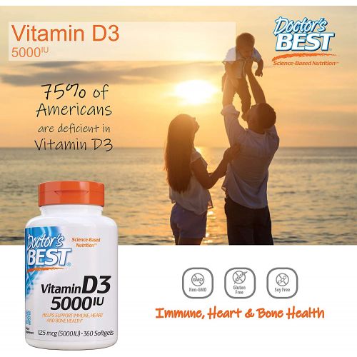  Doctors Best Vitamin D3 5,000 IU for Healthy Bones, Teeth, Heart and Immune Support, Non-GMO, Gluten-Free, Soy Free, 360 Count (Pack of 1)