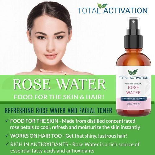  Total Activation Natural Rose Water 100% Pure Morrocan Rose Facial Toner Rich in AntiOxidants, Soothing For Sensitive, Oily, Normal and Dry Skin, Face Skin Body Hair Spray Mist, Reduce Fine Lines a