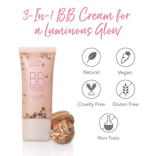  100% PURE BB Cream, Shade 10 Luminous, Full Coverage, All-In-One Primer, Concealer, Foundation Makeup, Shimmery, Dewy Finish, Vegan Makeup (Light Shade w/ Warm Undertone) - 1 Fl Oz