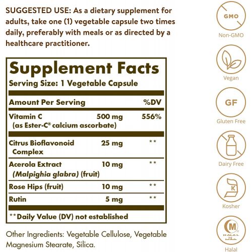  Solgar Ester-C Plus 500 mg Vitamin C (Ascorbate Complex), 250 Vegetable Capsules - Gentle & Non Acidic - Antioxidant & Immune Support - Non GMO, Vegan, Gluten Free, Kosher - 250 Se
