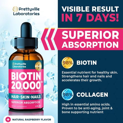  PRETTYVILLE LABORATORIES Liquid Biotin & Collagen for Hair Growth 30000mcg - Support Hair Health, Strong Nails and Glowing Skin - 30000mcg of Collagen and Biotin Combined