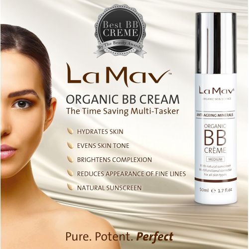  La Mav Organic BB Cream Medium - All In One Organic Tinted Sunscreen, Foundation and Natural Tinted moisturizer - Fresh and Flawless Skin Instantly - Natural BB Cream for Medium Dark Colo