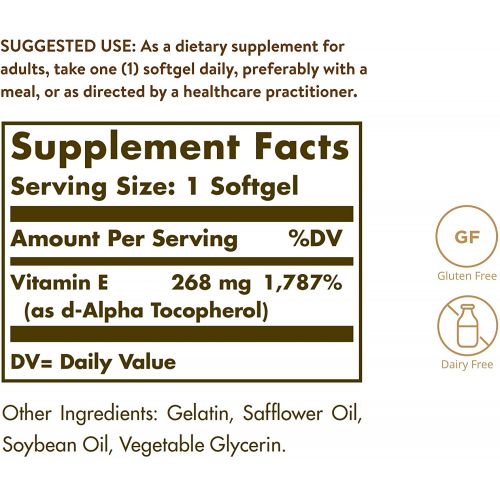  Solgar Vitamin E 268mg (400 IU) Alpha, 100 Softgels - Natural Antioxidant, Healthy Skin & Immune System Support - Naturally-Sourced Vitamin E - Gluten Free, Dairy Free - 100 Servin