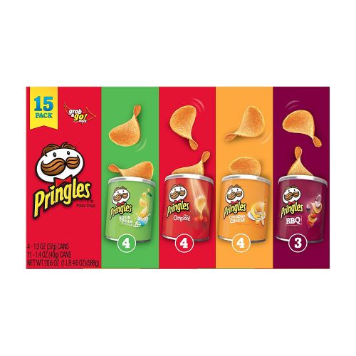  Pringles Potato Crisps Chips, Flavored Variety Pack, Original, Cheddar Cheese, Sour Cream and Onion, BBQ, 20.6 oz (15 Cans)