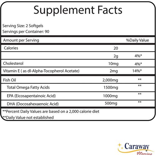  Caraway Vitamins Omega 3 Fish Oil 2,000mg- Pharmaceutical Grade. 1000mg EPA 500mg DHA. Burpless Capsules with No Fishy Aftertaste. All Natural, Organic, Non GMO, Gluten Free for Men & Women.