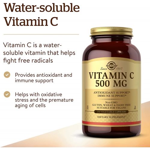  Solgar Vitamin C 500 mg, 250 Vegetable Capsules - Antioxidant & Immune Support - Overall Health - Supports Healthy Skin & Joints - Non-GMO, Vegan, Gluten Free, Kosher - 250 Serving