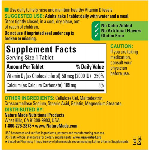  Nature Made Vitamin D3 2000 IU (50 mcg), Dietary Supplement for Bone, Teeth, Muscle and Immune Health Support, 100 Tablets, 100 Day Supply