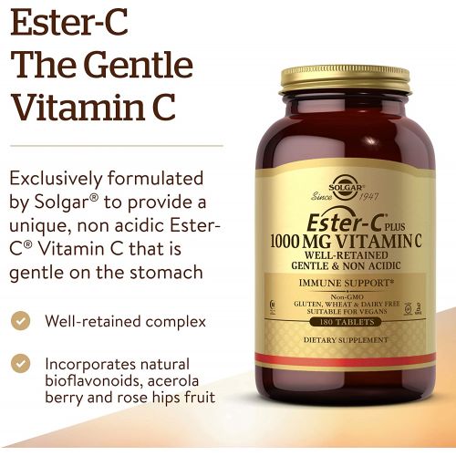  Solgar Ester-C Plus 1000 mg Vitamin C (Ascorbate Complex), 180 Tablets - Gentle On The Stomach & Non Acidic - Antioxidant & Immune System Support - Non GMO, Vegan, Gluten Free, Kos