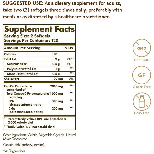  Solgar Omega-3 Fish Oil Concentrate, 240 Softgels - Support for Cardiovascular, Joint & Brain Health - Contains EPA & DHA Fatty Acids - Non GMO, Gluten/ Dairy Free - 120 Servings