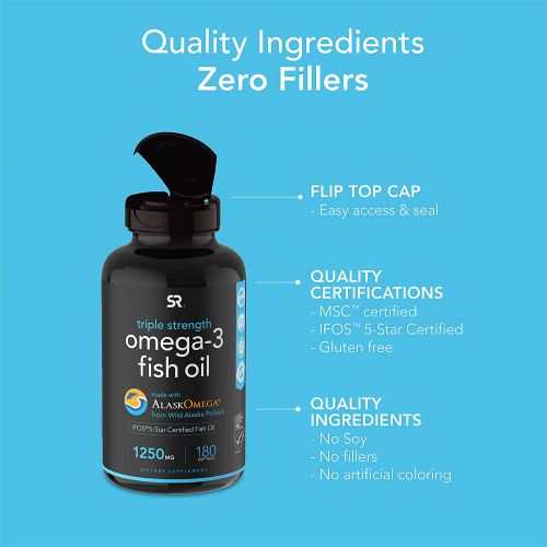  Sports Research Triple Strength Omega 3 Fish Oil - Burpless Fish Oil Supplement w/ EPA & DHA Fatty Acids from Wild Alaskan Pollock - Heart, Brain & Immune Support for Men & Women -