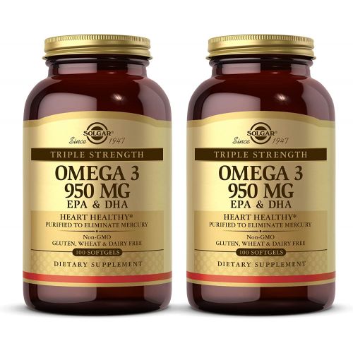  Solgar Triple Strength Omega 3 950 mg - 100 Softgels, Pack of 2 - Supports Cardiovascular, Joint & Skin Health - Non-GMO, Gluten Free, Dairy Free - 200 Total Servings