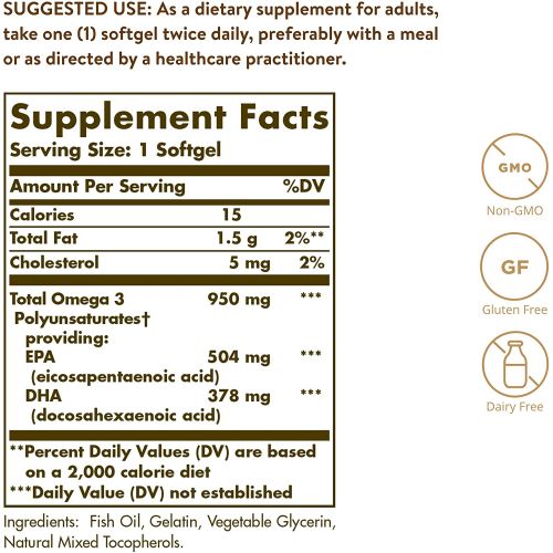  Solgar Triple Strength Omega-3 950 mg, 100 Softgels - Supports Cardiovascular, Joint & Skin Health - Heart Healthy Supplement - Essential Fatty Acids - Non GMO, Gluten/ Dairy Free