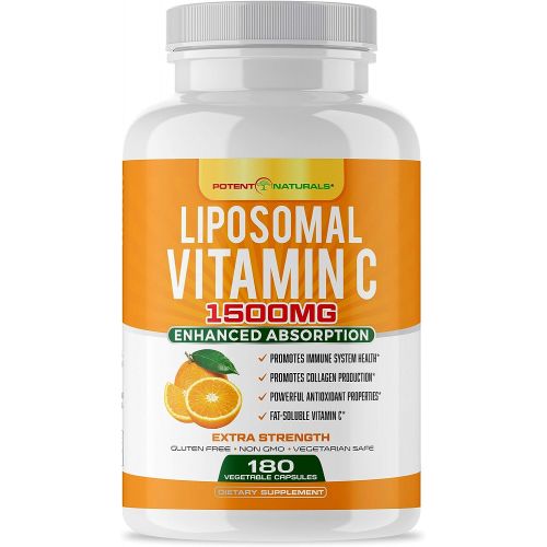  POTENT NATURALS Liposomal Vitamin C 1500mg -180 Vegan Capsules - Vitamin C, Fat Soluble Vitamin C, High Dose Ascorbic Acid, Collagen Booster, Antioxidant & Immune Support Vitamins, Non GMO - Lypo