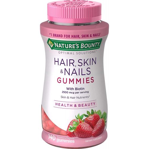  Natures Bounty Hair, Skin & Nails with Biotin, Strawberry Gummies Vitamin Supplement, Supports Hair, Skin, and Nail Health for Women, 2500 mcg, 140 Ct