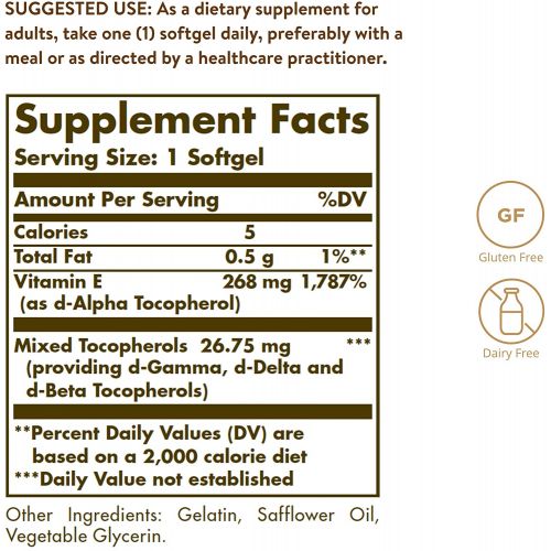  Solgar Vitamin E 268 MG (400 IU) Mixed (d-Alpha Tocopherol & Mixed Tocopherols), 100 Softgels - Supports Immune System & Skin Nutrition - Natural Antioxidant - Gluten Free, Dairy F