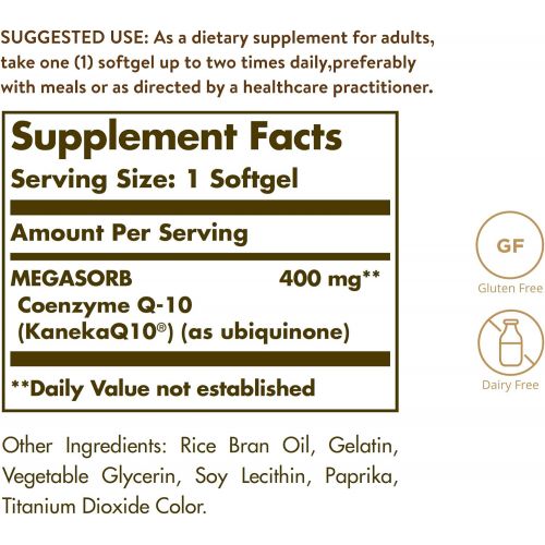  Solgar Megasorb CoQ-10 400 mg, 60 Softgels - Supports Heart & Brain Function - Coenzyme Q10 Supplement - Enhanced Absorption - Gluten Free, Dairy Free - 60 Servings