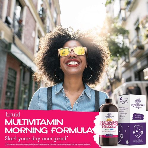  ELDERBERRY HILL ORGANICS Liquid Morning Multivitamin for Immune Support - Energy, Hair, Skin, Nails - Vegan Non-GMO MSM, Amino Acids and Trace Minerals Vitamin A B C D3 E - Raspberry Flavor 32oz
