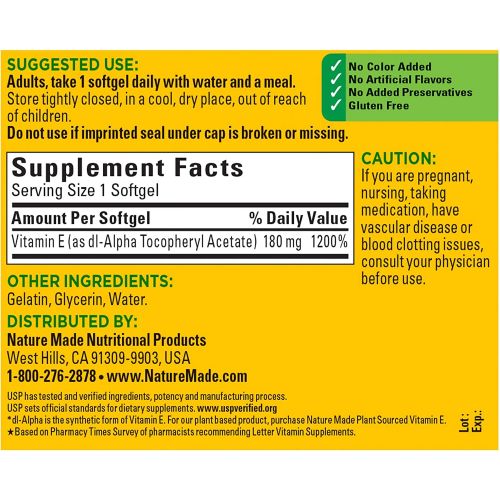  Nature Made Vitamin E 180 mg (400 IU) dl-Alpha, Dietary Supplement for Antioxidant Support, 180 Softgels, 180 Day Supply