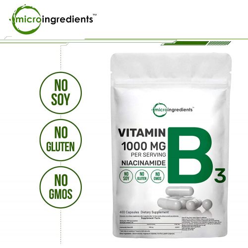  Micro Ingredients Niacinamide Vitamin B3 500mg Per Serving, 400 Capsules (200 Serving), Flush Free, Premium Vitamin B3 Supplement, Support Skin Health Non-GMO