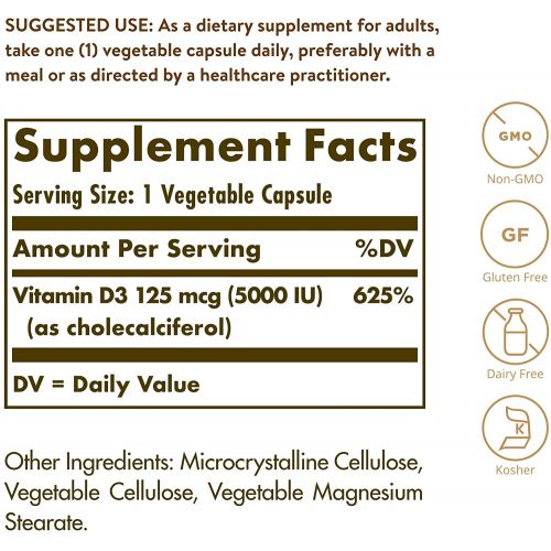  Solgar Vitamin D3 (Cholecalciferol) 125 mcg (5,000 IU) Vegetable Capsules - 120 Count