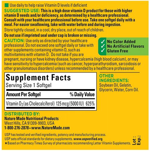  Nature Made Extra Strength Vitamin D3 5000 IU (125 mcg), Dietary Supplement for Bone, Teeth, Muscle and Immune Health Support, 180 Softgels, 180 Day Supply