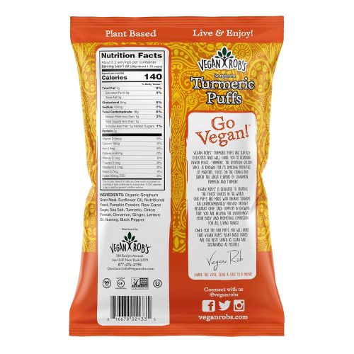  Vegan Robs Puffs, Tumeric, 3.5 Ounce (6 Count), Gluten-Free Snack, Plant Based, Vegan, Zero Trans Fats, Non Gmo